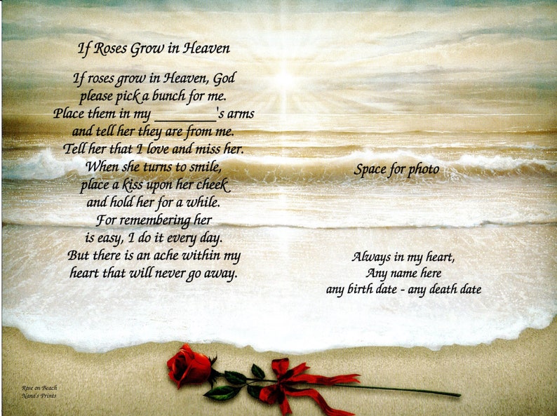 If Roses Grow in Heaven, Single Rose Celebration of Life Poem Unframed, 81/2x11 Etsy