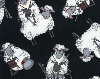End of Bolt, Knitting Sheep in Black from the Knitting Sheep Collection from Timeless Treasures, Sheep, Novelty 49"x44"