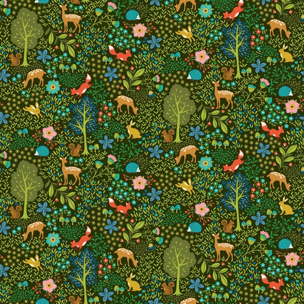 Green Woodland Animals Cotton Fabric from the Pieceful Gathering Collection by Studio e Fabrics