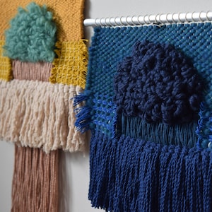 Handmade Woven Wall Hanging. &quot;Tiered Blue&quot;.  Soft Wall Art, Luxe Fibers, Fringe and Metal Rod, Medium Size Weaving Megan Rabil