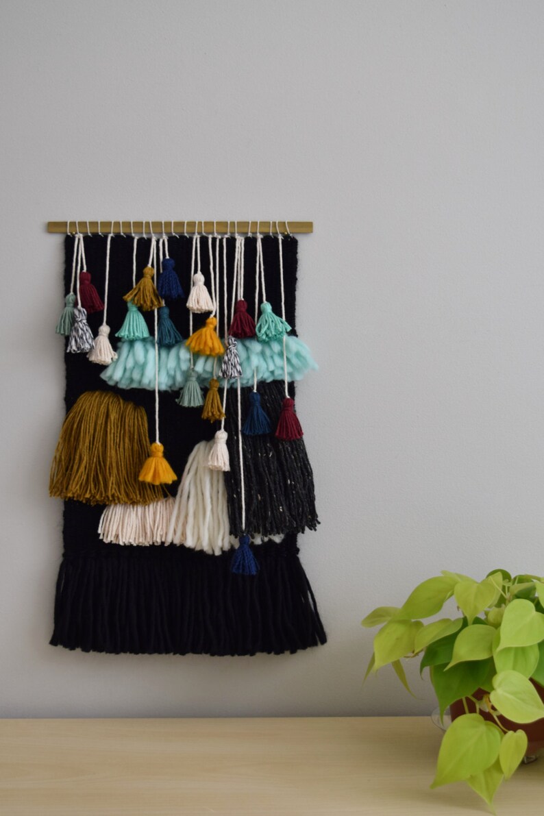View of Handmade Woven Wall Hanging. Abstract Tassel and Fringe Wall Art, Black ...