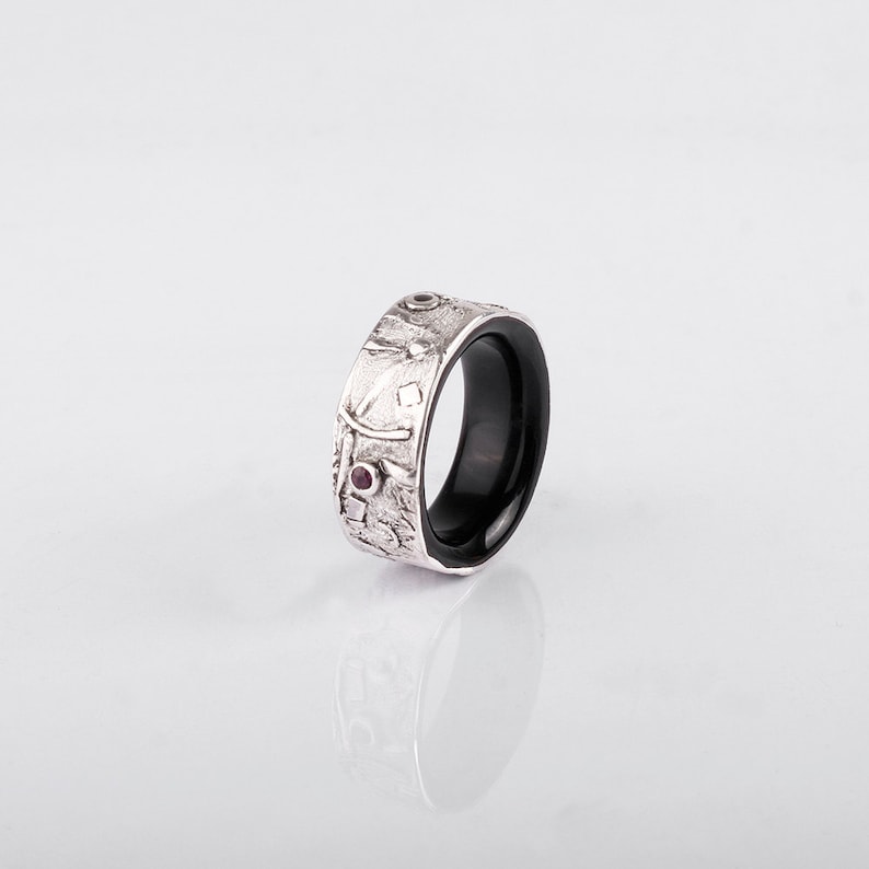 Men Wedding Band Unisex Ring sterling silver and ruby Wedding Rings Wedding ring Ruby inlay Unusual wedding ring