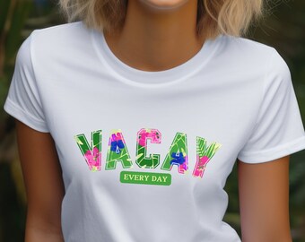 Ladies' Fit Vacation Shirt, Gift for Beach Loving Sister in Vacation Mode, Tropical Beach & Hibiscus Beach Aesthetic, Women's Softstyle Tee
