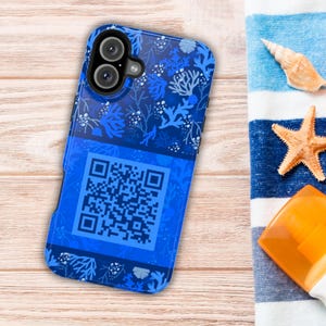 Custom QR Code Coral Phone Case, Blue Coral Pattern, Business Card Alternative, iPhone & Samsung, Business QR Code Case, Coastal Promo Gift