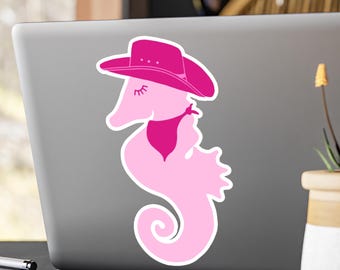 Pink Seahorse Vinyl Decal, Coastal Cowgirl Sticker, Ocean Life Laptop Sticker, Cute Car Window Decal, Nautical Aesthetic Suitcase Sticker
