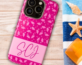Pink Flamingo Personalized Impact-Resistant Phone Case, Custom Initial or Name Phonecase, Beachy Gift for Coconut Girl, Flamingo Mama iPhone