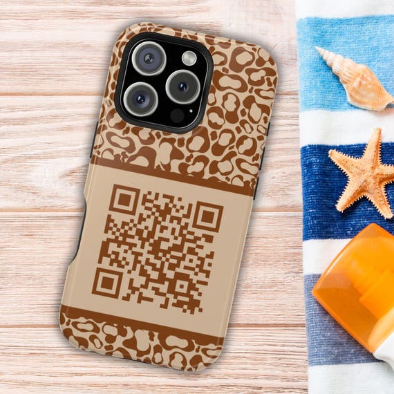 Custom QR Code Phone Case, Brown Leopard Print, Wireless Charging