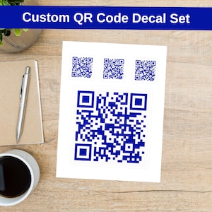 Custom vinyl sticker set met QR-code, buiten binnen gepersonaliseerde website social media sticker, blauw bord voor bedrijf, stand, winkel of bagage