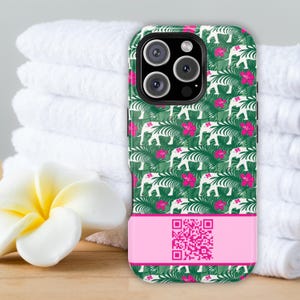 Custom QR Code Jungle Phone Case, Elephant Tropical Print, Wireless Charging, iPhone & Samsung, Business QR Case, Bold Entrepreneur Gift