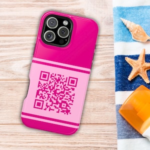Aangepaste QR-code telefoonhoesje, zakelijke QR-telefoonhoes, Samsung en iPhone 16 15 14 Pro Max-hoesje, roze digitaal visitekaartje, onroerendgoedpromotie