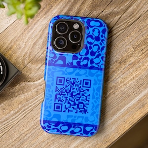 Custom QR Code Phone Case, Blue Leopard Print, Wireless Charging Compatible, iPhone & Samsung, QR Code Business Case, Bold Boss Gift Idea