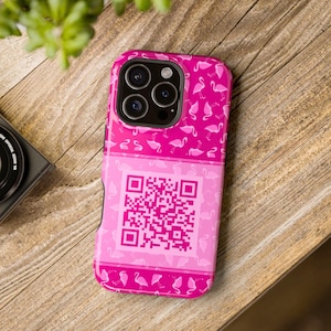 Funda de teléfono con código QR personalizada, diseño de flamenco rosa, funda con código QR para negocios, modelos de iPhone y Samsung, accesorio comercial tropical.