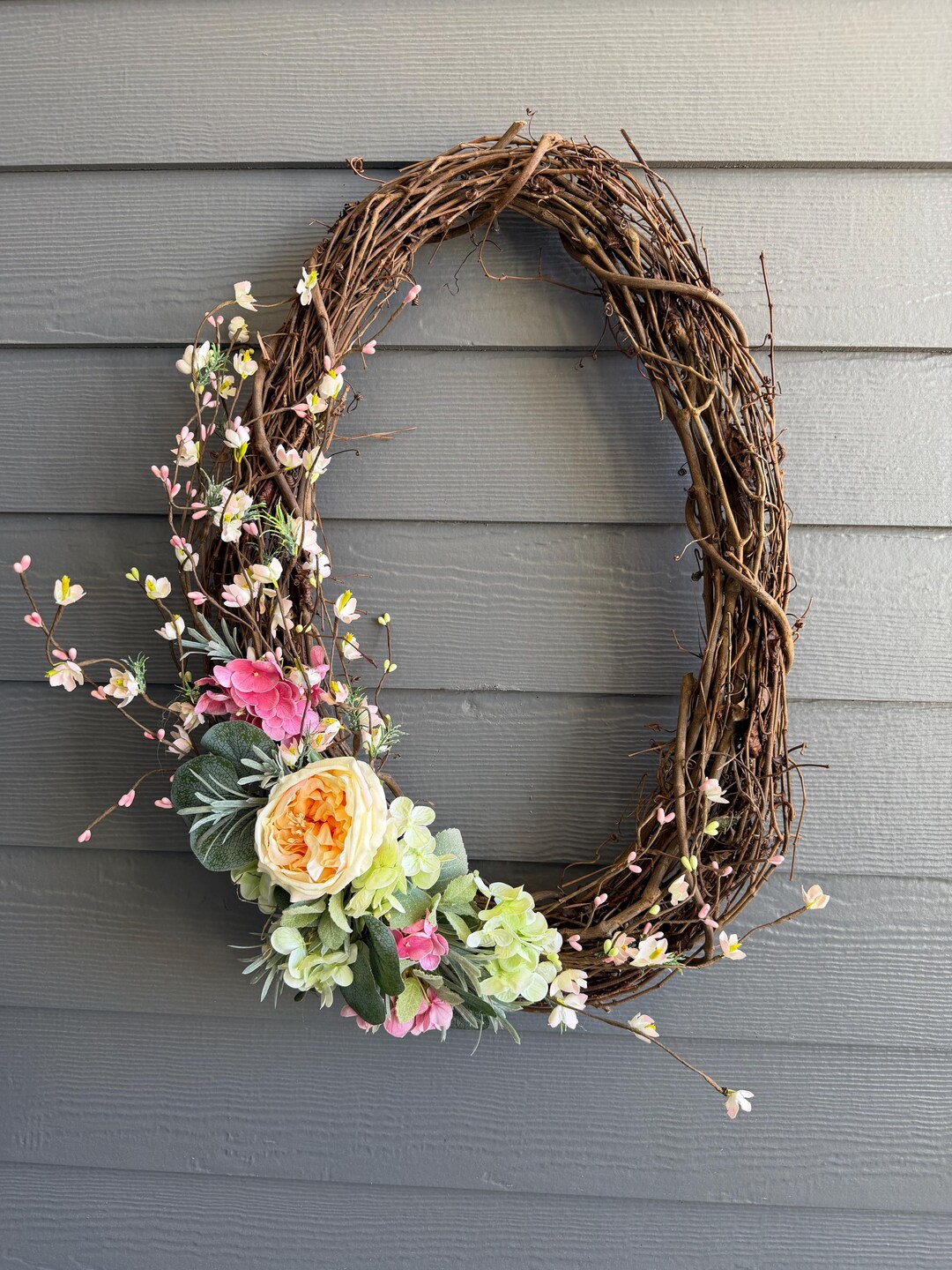 Oval Grapevine Wreath, Pink Floral Spring Door Hanger, Farmhouse Decor ...