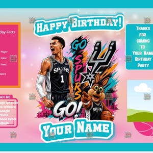 May include: A digital birthday party invitation template featuring a basketball player in a black Spurs jersey, the Spurs logo, and a cartoon coyote mascot. The design includes text fields for birthday facts, a QR code area, and a photo placeholder.