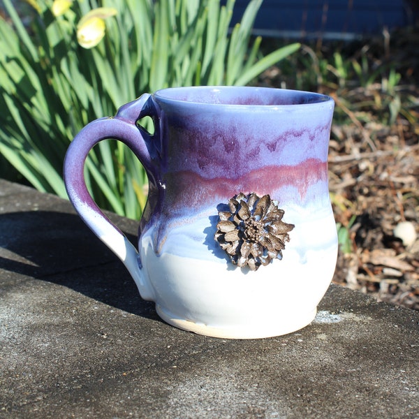 Bright Purple and White Drippy Handmade Stoneware Flower Mug, 20 oz