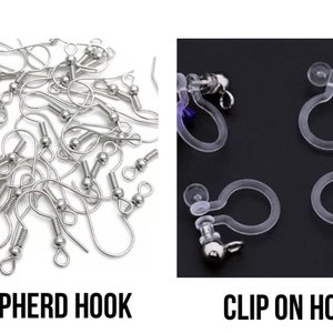 May include: A close-up of two types of earring findings: silver shepherd hooks and clear plastic clip-on hoops.  SHEPHERD HOOK and CLIP ON HOOP are written below each type of finding.