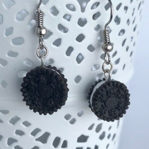 Cookie earrings Tuxedo black & white sandwich cookies dangle style hook