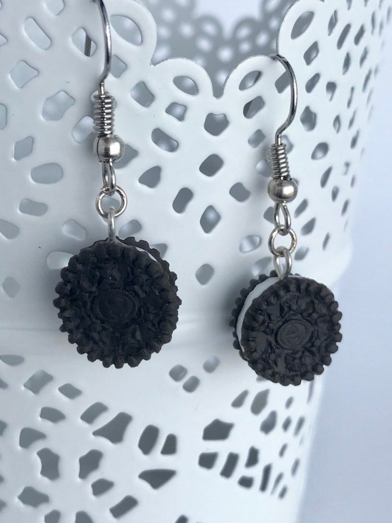 Cookie earrings Tuxedo black & white sandwich cookies dangle style hook