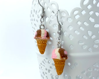Mini ice cream cone earrings - Neapolitan - chocolate, vanilla, and strawberry ice cream