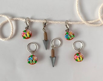 3 pc Progress keepers or stitch markers - mini flower pots and garden trowel, hoop or clip on lobster claw style