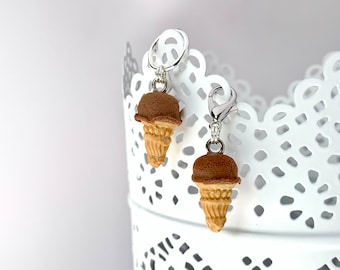 Stitch marker or progress keeper, ice cream cone charm, knit hoop or clip on lobster claw