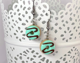 Mini donut earrings, mint chocolate doughnut jewelry