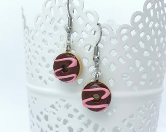 Mini donut earrings, chocolate strawberry doughnut jewelry