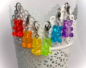 6 pc stitch markers or progress keepers, gummy bear charms, hoop or clip on lobster claw