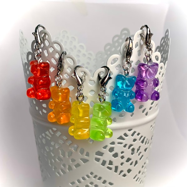 6 pc stitch markers or progress keepers, gummy bear charms, hoop or clip on lobster claw
