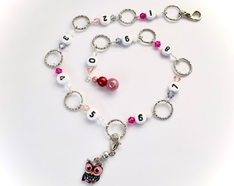 Row counter chain 10mm or 12mm diameter rings - pink crystal beads with owl marker