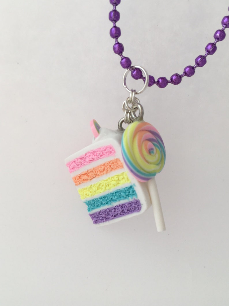 Mini pastel Rainbow cake and lollipop necklace bakery charms birthday celebration cake mini food jewelry