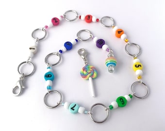 Row counter chain 8, 10, & 12 mm diameter rings - rainbow beads with lolly marker