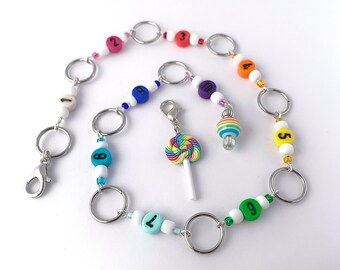 Row counter chain 8 & 10mm diameter rings - rainbow beads with lolly marker