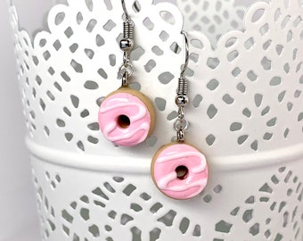 Mini donut earrings, strawberry doughnut jewelry