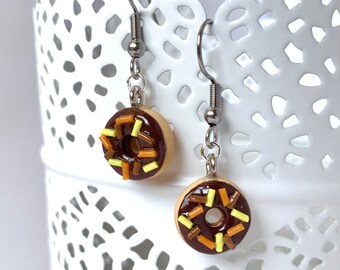 Mini donut earrings, chocolate sprinkle doughnut jewelry