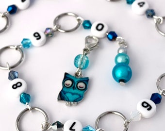 Row counter chain 10mm diameter rings - blue crystal beads with owl marker