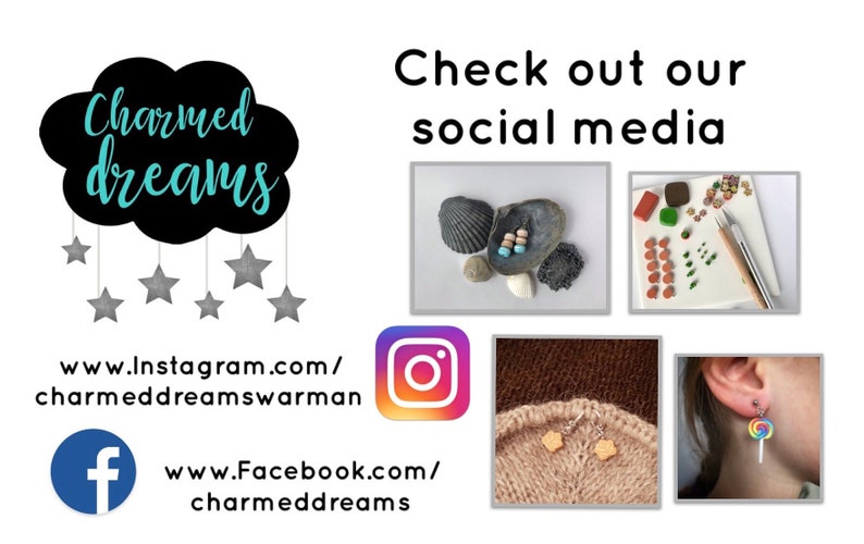 Puede incluir: Gr&aacute;fico de redes sociales de Charmed Dreams con enlaces a las p&aacute;ginas de Instagram y Facebook. El gr&aacute;fico presenta una nube con el texto "Charmed Dreams" y estrellas. Tambi&eacute;n hay im&aacute;genes de pendientes, un proyecto de tejido y una persona que lleva pendientes.