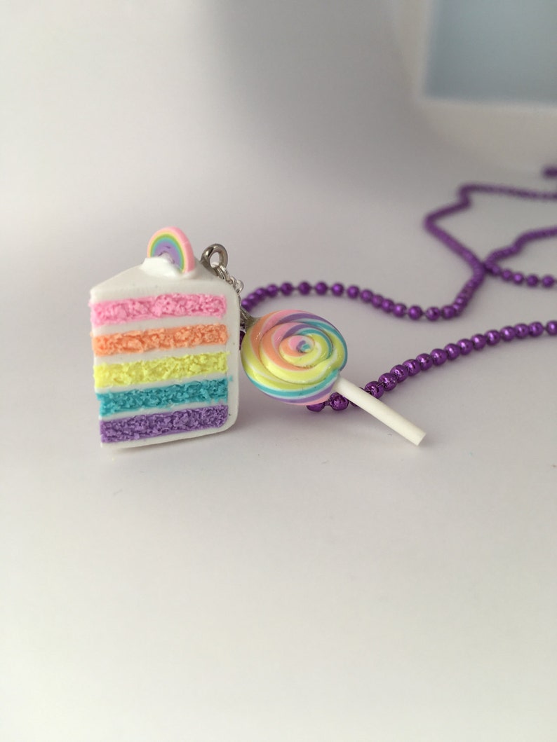 Mini pastel Rainbow cake and lollipop necklace bakery charms birthday celebration cake mini food jewelry