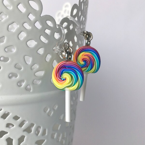 Clip on earrings, pierce-less style, rainbow lollipop - light weight