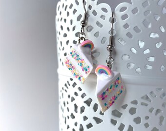 Mini cake earrings, Birthday cake sprinkles with rainbow topper