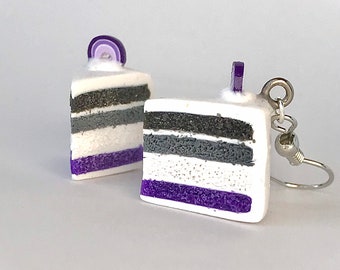 Black, grey & purple cake earrings, rainbow cake, mini food jewelry, bakery charms