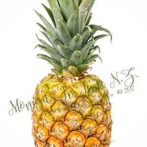 Può includere: Un intero ananas maturo con una corona di foglie verdi e una buccia gialla e testurizzata. L'ananas è isolato su uno sfondo bianco.