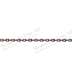May include: A rusty brown metal chain with oval links stretches horizontally across a white background. The chain is slightly out of focus, with visible texture and a weathered appearance. The words "Moments In Time, NZ" and "Photography by Marie-Claire © 2017" are in the lower left and right corners.