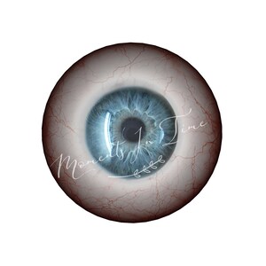 May include: A close-up of a blue eye with red blood vessels visible on the surface. The eye is surrounded by a white background.