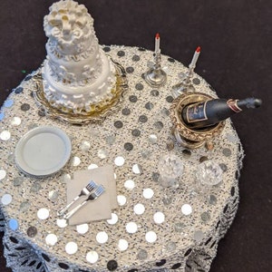 Mini Wedding Cake (or 25th Anniversary) Table - with real silver dishes, 1/12 Scale