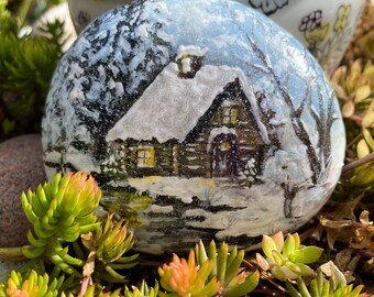 Hand Painted Winter Snowy Scene Log Cabin Stone
