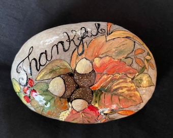 Hand Painted Autumn Thankful Stone