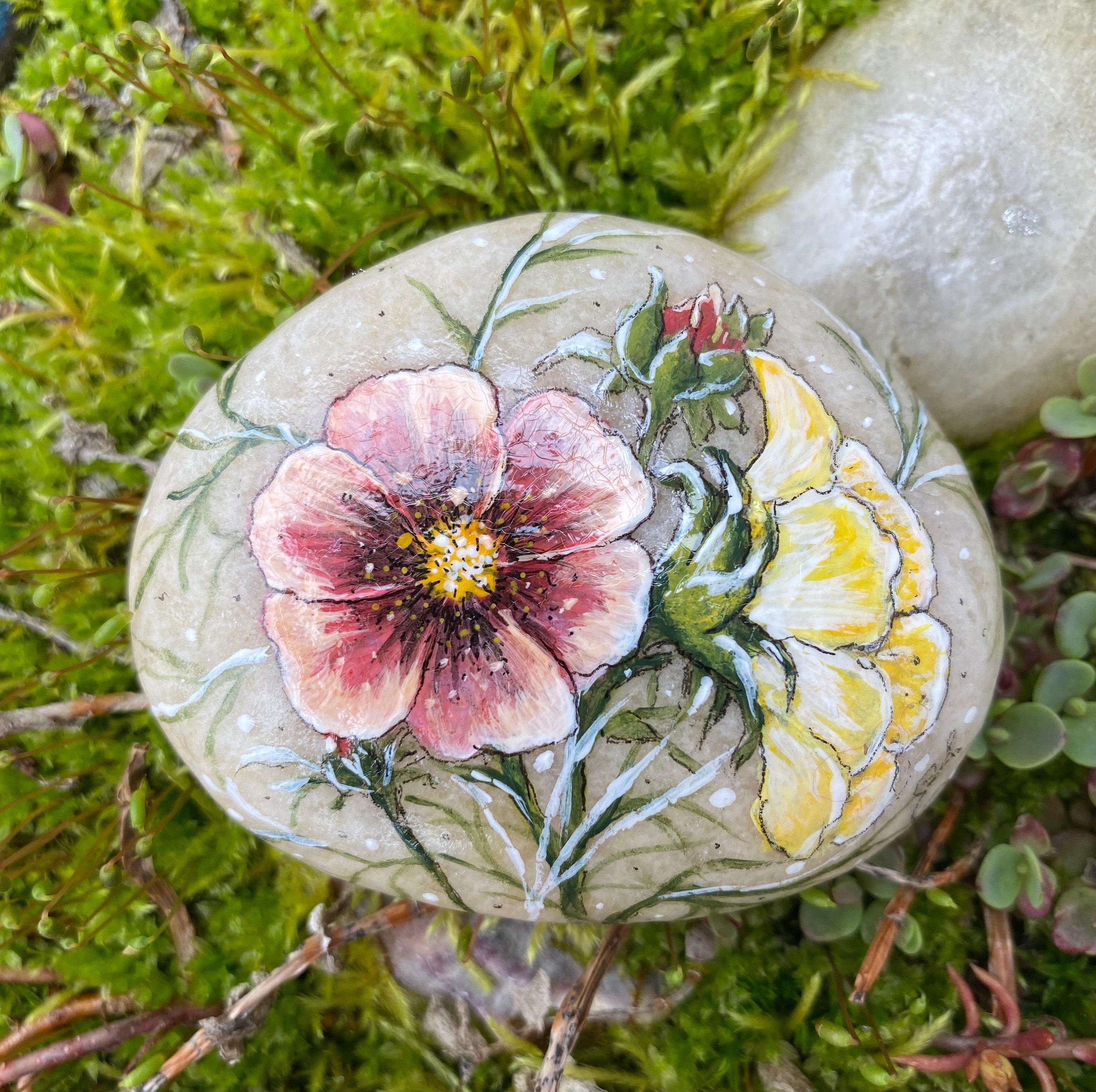 Hand Painted Pink Hibiscus Flower Stone