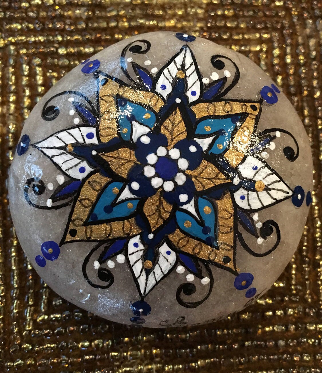 Hand Painted Bohemian Blue and Gold Mandala Stone