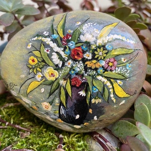 Flower Vase Painted Stone Art